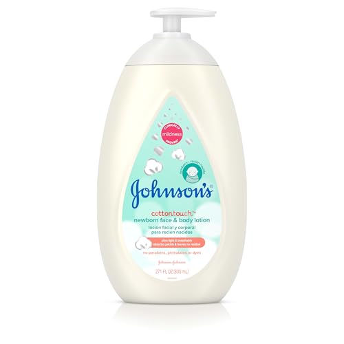 Johnson’s CottonTouch Newborn Baby Face and Body Lotion, Hypoallergenic Moisturization for Baby’s Skin, Made with Real Cotton, Paraben-Free, Sulfate-Free, Dye-Free, 27.1 fl. oz