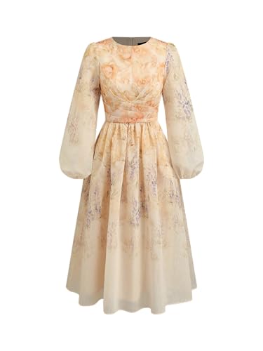 CIDER Floral Dress Long Sleeve Maxi Dress Women Crew Neck Mid Waist Pleated Elegant Party Vacation Dresses