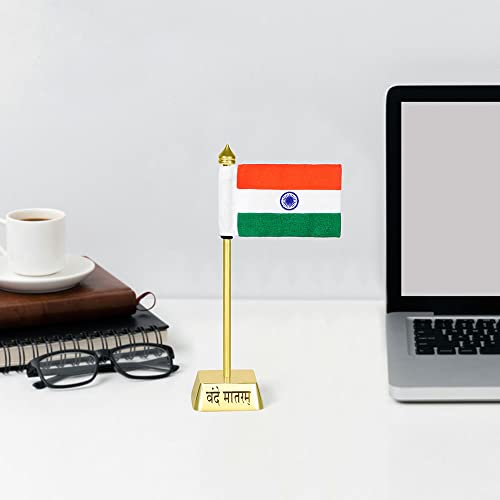 Image of ZAHEPA Flag for Car Dashboard, Khadi Fabric decorative Flag with Gold Plated Square Metal Base, Office Desk Accessory, Tabletop Decoration for Home, Office & Corporate Use, Gift for Professionals