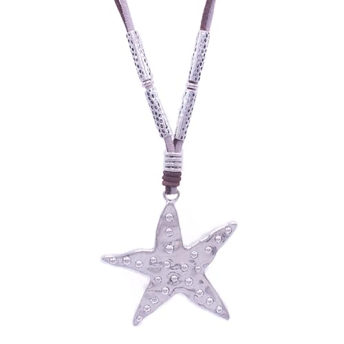 Colgante mujer estrella largo – Collar plata grande con cadena de cinta de antelina negra ajustable – Estilo hippie bohemio – Talismán de la suerte - Amuletos de protección (Plateado brillo)