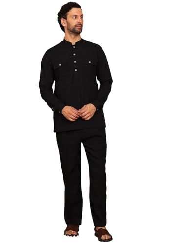 Image of See Designs Men's Full Sleeve Mandarin Collar Linen Solid Pathani Set