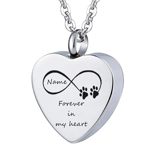 ForeverWill Personalized Name Date Engraved Pet Cremation Jewelry,Stainless Steel Heart Infinity Urn Necklace for Dog Cat Ashes,Paws Print Memorial Keepsake Ash Container Pendant Chain Family Friends