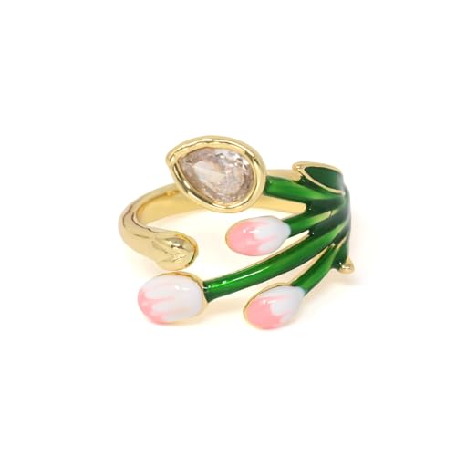 yueton 1 Pack Creative Tulip Flower Adjustable Open Ring Cute Enamel Floral Leaf Alloy Finger Rings Fashion Women Jewelry for Party Prom Dating Daily Life