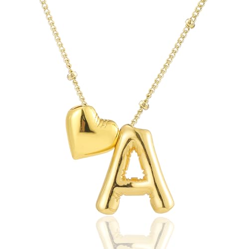 Heart Letter Necklace, 14k Gold Plated Initial Dainty Necklace for Women, Chunky Bubble Balloon Charm Pendant Name Personalized Jewelry Gift