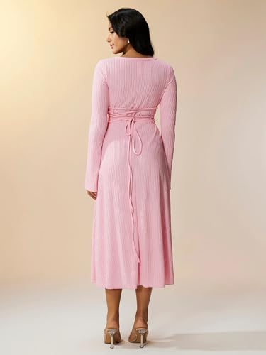Image of Shasmi Women's Square Neck A-Line Dress - Long Sleeve, Tie Waist, Knitted Stretchable, Casual & Office Outfit, Solid Winter Midi Dress for Women (Dress 221)