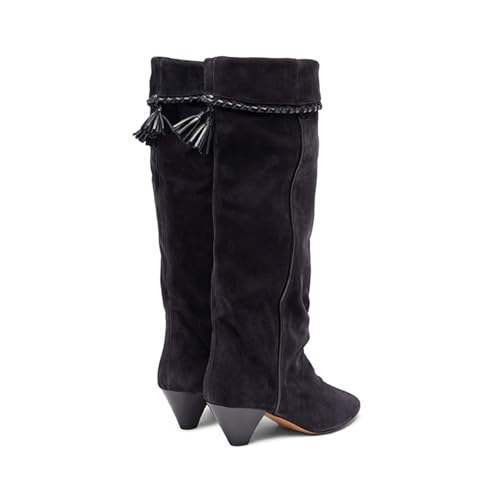 Suede Ankle Boots for Women Slouchy Fold Over Cowboy Boots Pointed Toe Low Heel Western Booties Dressy Pull on Wide Calf Fashion4