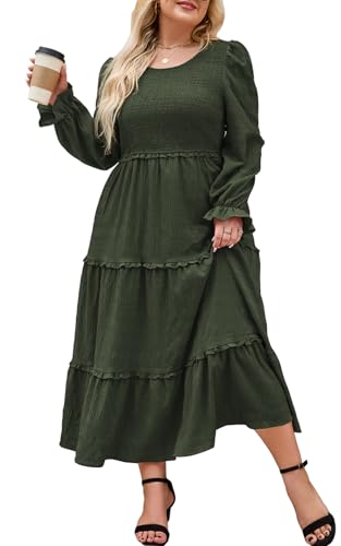 Hanna Nikole Womens Plus Size Fall Long Sleeve Maxi Dress Crewneck Smocked Tiered Ruffle Flowy Long Dresses with Pockets