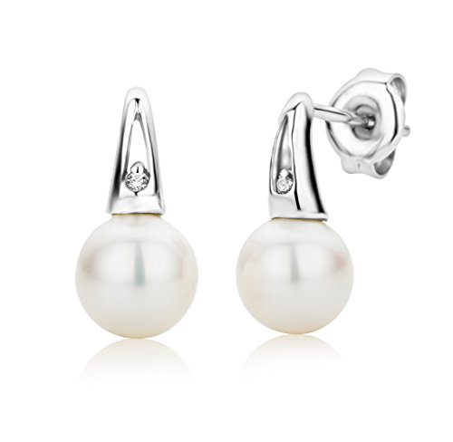 Miore Pendientes de mujer con oro blanco (9 k), diamante, redonda perla cultivada de agua dulce