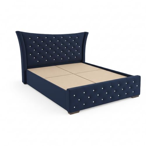 Image of Pearl Upholstered Queen Size Bed with Box Storage for Bedroom | Elegant Wooden Double Bed with Storage | Platform Cot Palang with Tufted Headboard | 6.5 x 5 Ft | Sheesham Wood | Navy