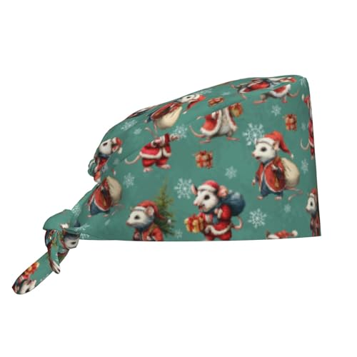 Christmas Opossum Working Cap with Sweatband Adjustable Scrub Cap for Women Men Tie Back Hat Nurse Surgical Caps