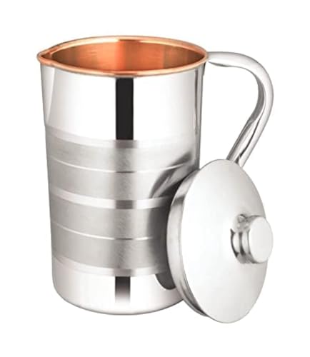 Zap impex Jarra de agua de cobre y acero inoxidable con exterior e interior de cobre puro 1600 ml para servir platos para el hogar y la cocina