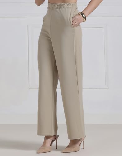 Image of Selvia Lycra Co-ord Set for Women, Collar Neck Top and Beige Trouser Pant