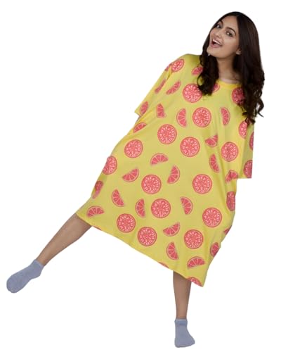 Image of LAMA STORE Women's Printed Oversized T-Shirt Dress, Cotton, 3 /4 Sleeve Length, Casual Loose Fit, Comfort Wear Extra Comfy Oversized Printed Pocket T-Shirt Dress