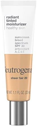 Neutrogena Healthy Skin Radiant Tinted Facial Moisturizer with Broad Spectrum SPF 30 Sunscreen Vitamins A, C, & E, Lightweight, Sheer, & Oil-Free Coverage, Sheer Fair 20, 1.1 fl. oz