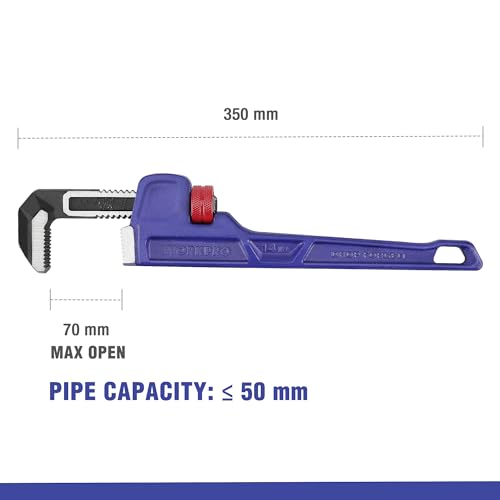 WORKPRO 14 inch / 350 mm valgesmede zware rechte loodgietersmoersleutel, verstelbare pijpsleutel met grote kaakbreedte (max. 70 mm) en weegschalen - Afbeelding 6