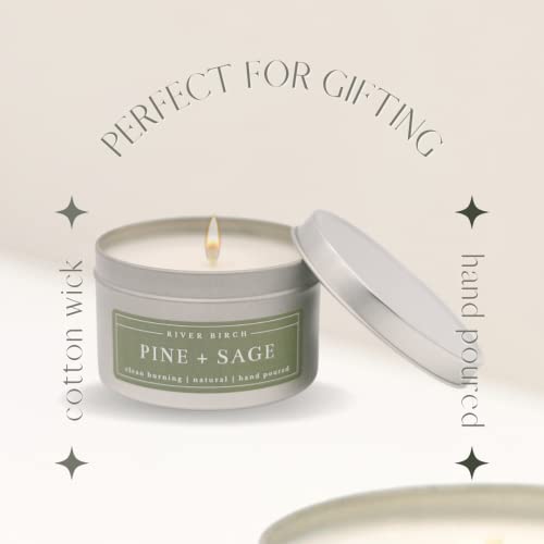 River Birch Candles Pine + Sage Scented Candle | Premium, All-Natural, Non-Toxic, Soy Candles | 8 Oz. Silver Tin Travel Candle | Cozy Relaxing Gifts For Home #TOP3