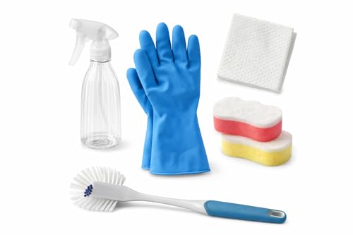 First Clean Kit for Teens. “All-in-One Starter Cleaning Set”5-Piece Home Cleaning Kit with Sponges, Rubber Gloves, Scrub Brush, Spray Bottle & Cloth, Multi-Purpose Kitchen and Bathroom Supplies