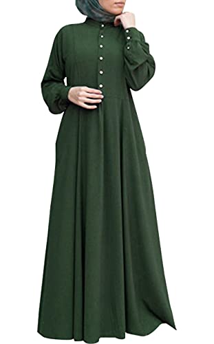 Abetteric Women's Kaftan Abayas Muslim Dress Long Sleeve Islamic Robe Button Up Maxi Dress Green M
