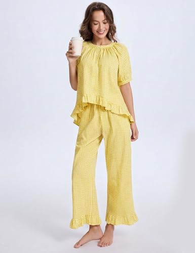 Image of Gihuo Gingham Pajama Set for Women 2 Piece Plaid Cotton Button Down Top and Pants Ruffle Babydoll Pjs Lounge Sets