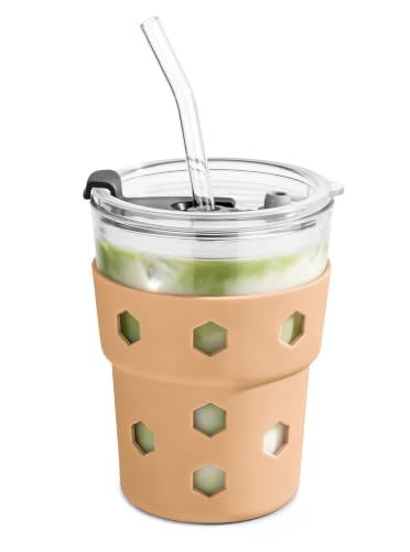 Mrsdry 12oz Iced Coffee Cup with Lids and Straws, BPA Free Reusable Glass Coffee Cups with Silicone Sleeves for Coffee, Iced tea, Thick Wall Glass Cup