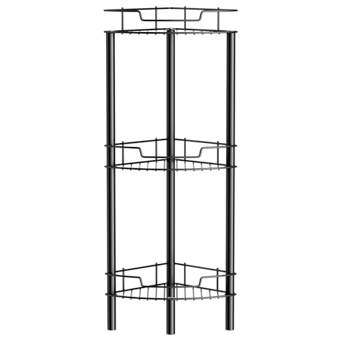 Image of Detukna Corner Shower Caddy, 3 Tier Shower Organizer Shelf for Inside Shower, Stainless Steel Floor Corner Shower Bathroom Shelves Stand Rack for Bathroom Balcony Kitchen, No Drilling, Black