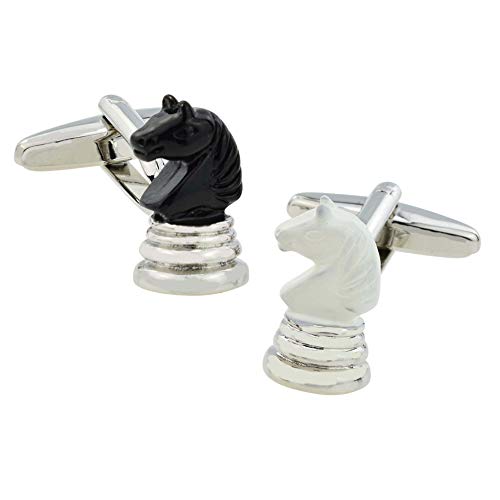 Mancuernillas para hombre caballos de ajedrez blanco y negro miniatura 1