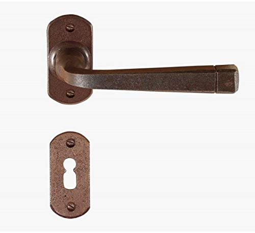 Maniglia in ferro antichizzato"MADE IN ITALY" colore ruggine completa di bocchetta e rosetta foro normale per porte interne quadro maniglia mm.8