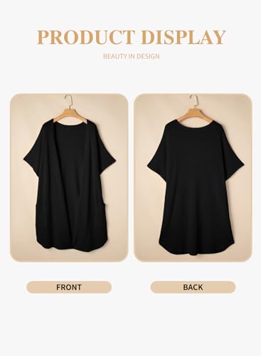 Eytino Womens Plus Size Open Front Cardigans Casual Short Sleeve Waffle Knit Kimono Tops Solid Long Cover-ups,4X Black