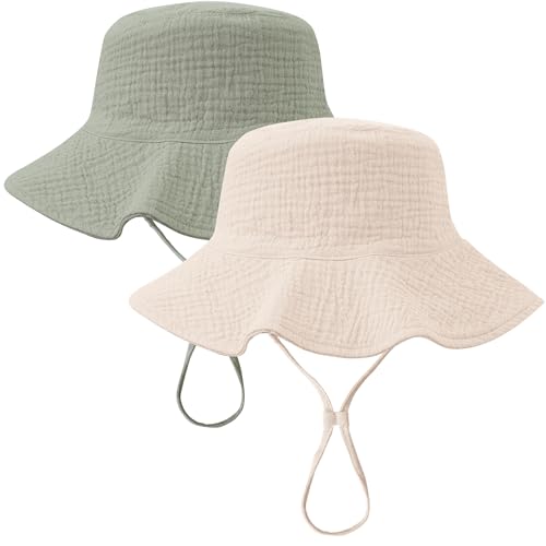 Image of Konssy 2 Pack Muslin Baby Sun Hat UPF 50+ Sun Protection Baby Bucket Hat Summer Beach Hats with Wide Brim for Boys & Girls