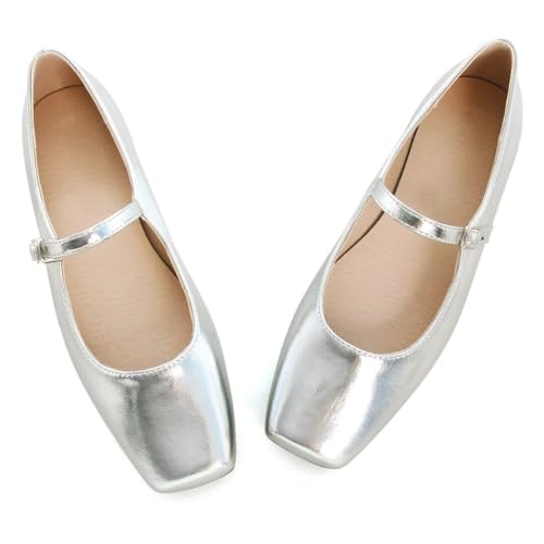TN TANGNEST Leather Flats for Women Comfortable Square Toe Slip On Flats Soft Work Flats Retro Mary Jane Flats Silver 43(10) 23