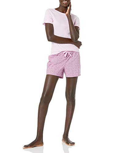 Amazon Essentials Women's Poplin Short and Sleep Tee Pajama Set, Light Pink Cherry Print, Medium