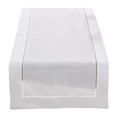 Fennco Styles Classic Solid Color Hemstitch Border Table Runner for Dining Table, Banquet, Wedding, Family Dinner, 16 x72 Inch, White Cover