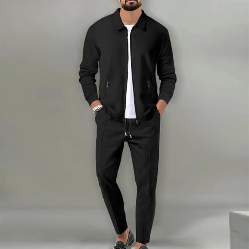 Men's Jacket POLO Shirt 2 Sets Long Sleeve Fashion Commercial Breathable Lapel, Pants Pull Rope Solid Color 2 Set3