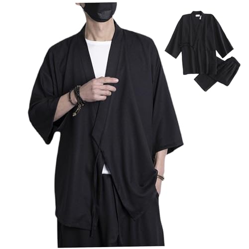 Men's Japanese Kimono, Japanese Style Two-Piece Suit Cotton Bathrobe Pajamas Kimono Bathrobes Sleepwear for Couple, M