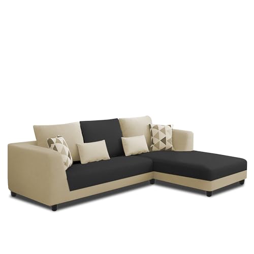 Image of Galib RHS 4 Seater L Shape Sofa Set for Living Room (Cream Black Fabric) Premium Fabric Sofa