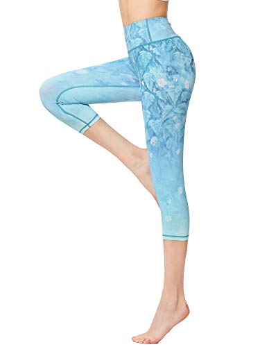 FLYILY Women's Capris Sports Leggings Running Tights High Waist Bandage Stretch Fitness Yoga Pants (LightBlue, L)