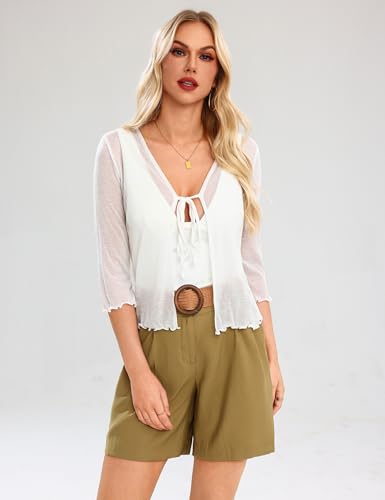 Image of Aiboria Womens 3 /4 Sleeve Shrug Lightweight Bolero Tie Front Cropped Cardigan White