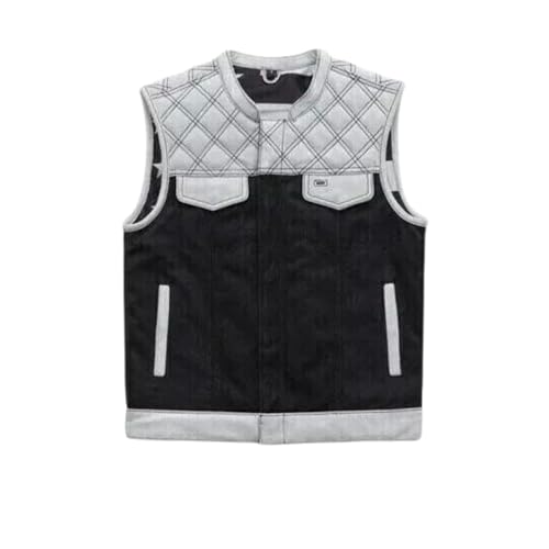 MEN'S BLACK & WHITE LEATHER DENIM VEST – USA FLAG INNER LINING, CONCEALED CARRY BIKER WAISTCOAT