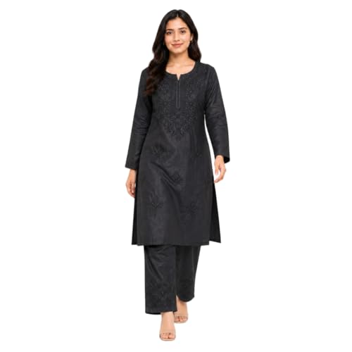 Image of Women's Chikankari Embroidered Straight Kurta with Palazzo Set, Traditional Kurti Bottom Set |Round Neck Full Sleeve Outfit for Daily,Office, Festive & Casual