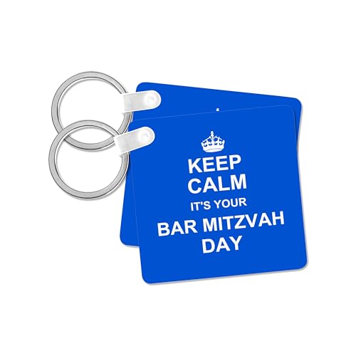 3dRose, Keep Calm its your Bar Mitzvah day - blue - Good luck Encouraging message Boys Jewish 13th birthday, set of 2 Key Chains