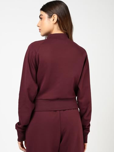 Image of Bewakoof Women's Solid Regular Fit Raglan Sleeve High Neck Polycotton Crop Zipper Sweatshirt