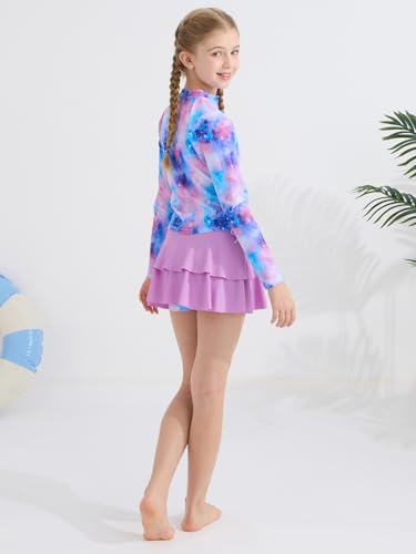 Girls Rash Guard Two Piece Swimsuit Long Sleeve UPF 50+ Bathing Suit Swim Skirt with Shorts Tankini Swimwear 4-10Y2