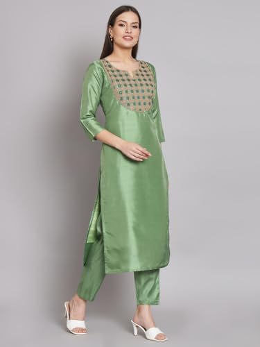 Image of VredeVogel Women's Cotton Silk Blend Kurta Pant Set with Banarasi Silk Dupatta