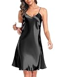 Sopesil Nuisette Satin Femme Chemise de Nuit Soie Sling Col V Couleur Unie Chemise de Nuit Été Femmes avec des Porteurs Bretelles Réglables, Noir,XXL