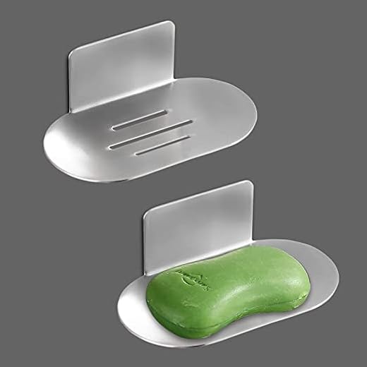 2 Piece Adhesive Soap Dish, Bath Soap Dish for Shower, 304 Stainless Steel Wall Mounted Bar Soap Holder for Bathroom Kitchen- No Drilling (Silver)