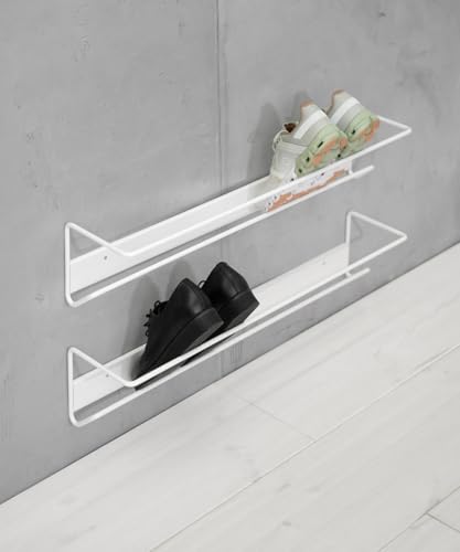 Image of Wall Mounted Shoe Rack | Metal Shoe Organizer | Vertical Entryway Storage | Minimalist Floating Shoe Shelf for Narrow Hallways, Closets & Doors (White)