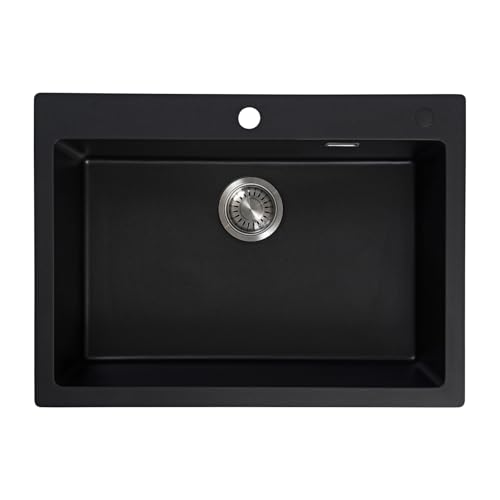 JASSFERRY Fregadero de cocina compuesto negro de 700 x 509 mm, fregadero de cuarzo insertado, cuenco individual profundo con kit de colador de residuos