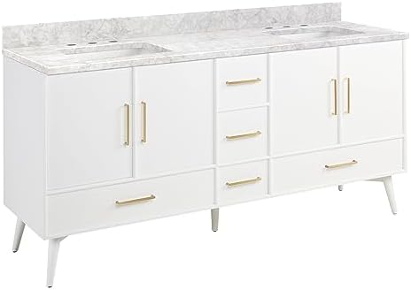 Signature Hardware 953912-72-RUMB-8 Novak 72" Freestanding Mahogany Double Basin Vanity Set with Cabinet, Vanity Top, and Rectangular Undermount Sinks - 8" Faucet Holes - Bright White/Carrara