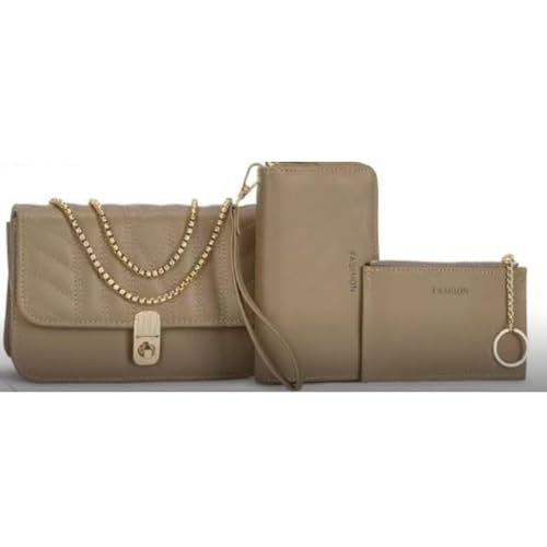 Kit Bolsa feminina 3 em 1, Bolsa Transversal Matelassê com Alça Corrente Dourada, Carteira e Porta-Cartões, Acabamento Premium- Cor Caqui