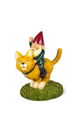 Bigmouth Gnome Riding a Cat Garden Ornament Statue